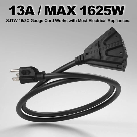 10 Ft Outdoor Extension Cord With Three Outlets, Heavy Duty 16/3 SJTW Black Cable with Grounded 3 Prong Plug, Weatherproof