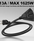Beefy 6 Foot Outdoor Extension Cord With 3 Outlets 16/3 SJTW Water Resistant Heavy Duty Black Cable With Reinforced Blades And Slip Resistant Design 13 Amp 125 Volt 1625 Watt, black 6 ft cord