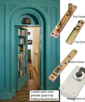 Hidden Pivot Hinges For Secret Doors And Bookcases, Heavy Duty Wood Door Hardware, shown with installation on teal bookcase
