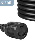 Close-up of L6-30R plug and coiled Beefy Heavy Duty L6-30P To L6-30R Twist Lock Generator Power Cord 10FT 30A SJTW 10 Gauge Cable
