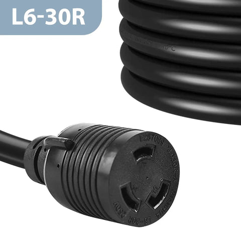 Close-up of L6-30R plug and coiled Beefy Heavy Duty L6-30P To L6-30R Twist Lock Generator Power Cord 10FT 30A SJTW 10 Gauge Cable