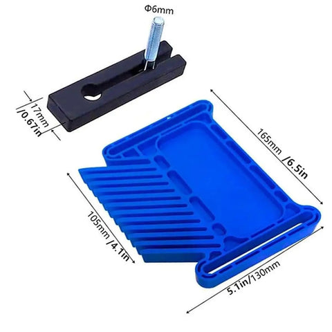 Workhorse Stackable Featherboard Rig For Table Saw Router And Bandsaw With Tight Lock Anti Kickback Bar T Track Mount blue featherboard and black lock piece.