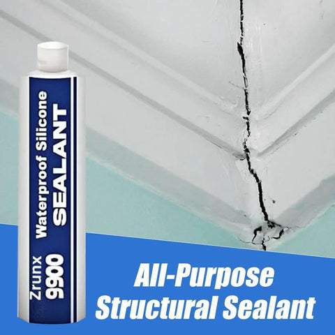 Heavy Duty 9900 White Silicone Structural Sealant Waterproof Adhesive For Roofing Bathroom Construction DIY Repairs Knockout Bonding Compound Game Changer Caulking Tube next to a crack in a white wall.