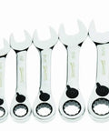 8-Piece Stubby Reversible Ratcheting Wrench Set With Fine-Tooth Dual-Pawl Mechanism, High-Polish Finish, various sizes displayed
