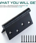 Black ball bearing door hinge from 18 Pack Built Tough Exterior Door Hinges, 4 X 4 Inch Ball Bearing Leaves For Heavy Wood Doors.