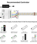 Diagram of Five Color In One LED Strip Lights With RGBWW And RGB CCT, showing controller connections and recommended controllers.