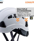 Image of a ventilated white hard hat with multiple accessory slots and hooks, featuring the ANSI logo and brand name Lohas Pro.