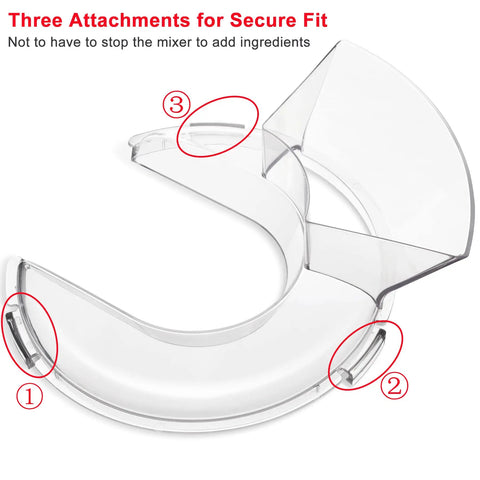 Pouring Shield for 4.5 to 5 Quart Tilt-Head KitchenAid Mixers, clear splash guard with three secure attachments for stainless bowls.