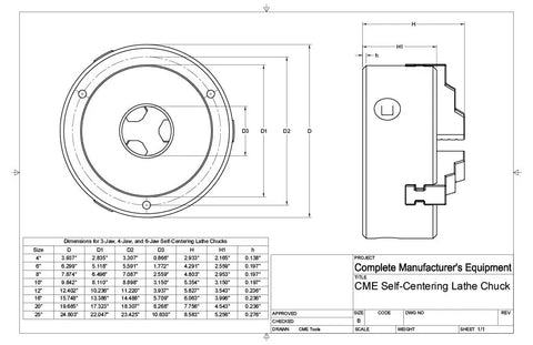 Technical drawing of six inch self centering lathe chuck with scroll action and two piece reversible jaws for extra clamp range built tough.