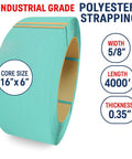 Five Eighth Inch By Thirty Five Thousandth Inch Embossed Polyester Strapping Roll For Heavy Duty Hand And Battery Tools One Thousand Four Hundred Pound Break Strength Sixteen By Six Core UV And Rust Resistant Four Thousand Feet Long shown in mint color with size details.