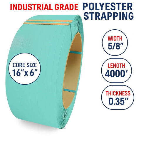 Five Eighth Inch By Thirty Five Thousandth Inch Embossed Polyester Strapping Roll For Heavy Duty Hand And Battery Tools One Thousand Four Hundred Pound Break Strength Sixteen By Six Core UV And Rust Resistant Four Thousand Feet Long shown in mint color with size details.