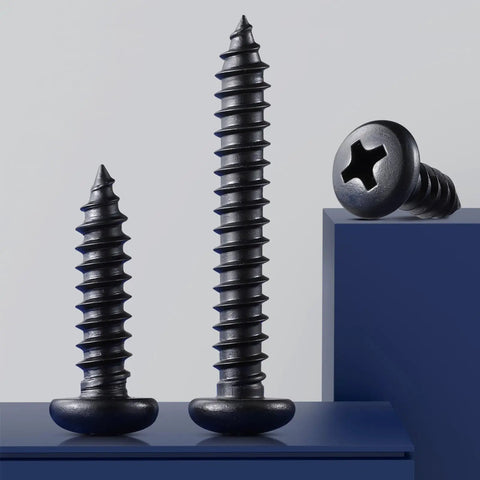 Number Eight By Three Quarters Inch Self Tapping Pan Head Wood Screws With Phillips Drive And Black Oxide Finish For Sturdy Timber And Thin Metal Projects Built Hella Tough With Zero Rust Drama Included displayed in three sizes on a blue surface.