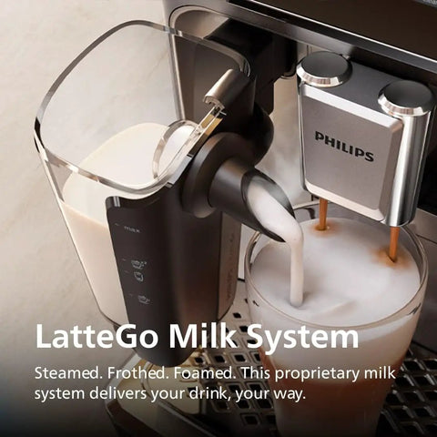 Lock In That Killer Morning Vibe With This Fully Automatic Espresso Machine Brewing Twelve Hot And Iced Favorites LatteGo milk system pouring milk.