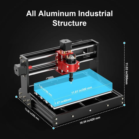Twotrees TTC3018 Pro desktop CNC router, 3-axis, all-metal frame with red gantry and blue workbed