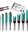 8 Piece Router Bit Set With 4 Flush Trim Bits And 4 Pattern Flush Trim Bits Plus 2 Impact Magnetic Bits 6 Bearings And 2 Wrenches