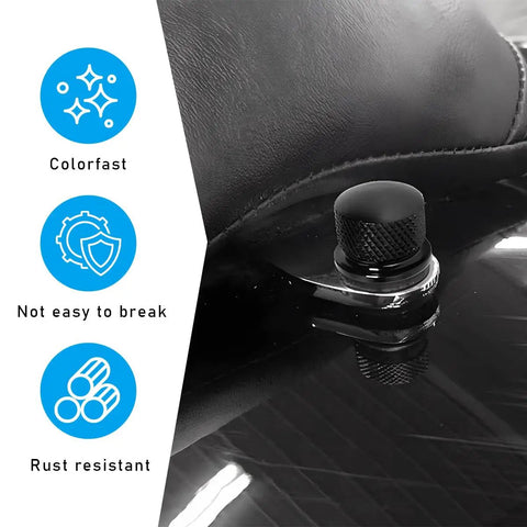 Heavy Duty Aluminum Knurled Motorcycle Seat Bolt Screws Featuring No Fuss Quick Swap For Dead Straight Hand Tightening On Custom Baggers And Touring Cruisers Matte Black Hardware Upgrade Kit close-up of knurled bolt on seat.