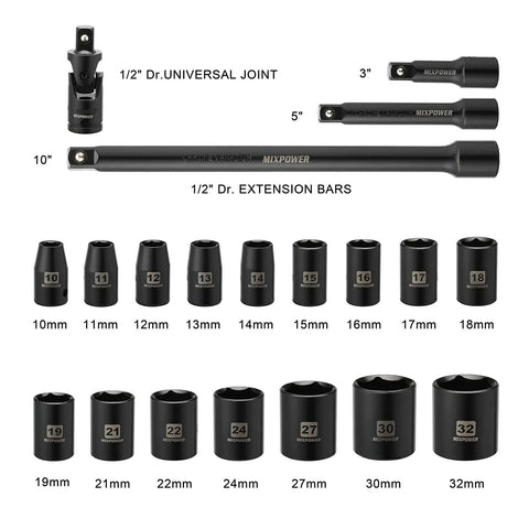 Heavy Duty Metric Shallow Impact Socket Set 10mm To 32mm Six Point Design With Extension Bar And Universal Joints, Pro Grade Chrome Vanadium