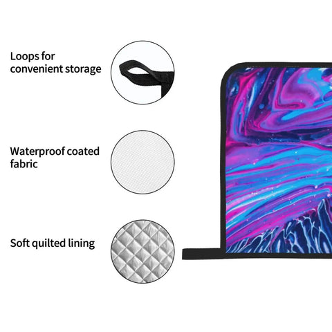Features of Hot Mess? No Way. These Abstract Fluid Oven Mitts And Pot Holders: loops for storage, waterproof fabric, soft quilted lining.