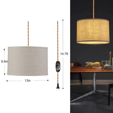 Plug In Pendant Light Kit With Twisted Hemp Rope Cord 15 Foot Dimmable On Off Switch Linen Lamp Shade Hanging Ceiling Light