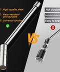 Comparison of heavy duty 3/8 inch drive spark plug socket set with magnetic rotary receptacles and standard socket.