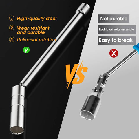 Comparison of heavy duty 3/8 inch drive spark plug socket set with magnetic rotary receptacles and standard socket.