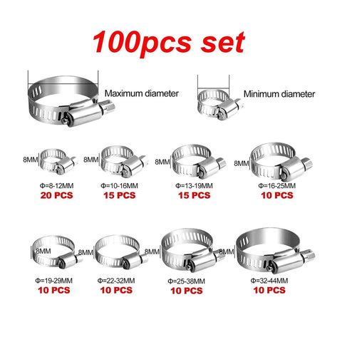 Top Notch 130 Pc Stainless Steel Hose Clamp Set With Heavy Duty Worm Gear Clamps For Plumbing Pipes Tubes And Home Improvement Projects That Need Serious Grip And Long Lasting Durability For All Types Of Fixing Needs., 100pcs set with stainless steel worm gear hose clamps, 8-44mm sizes
