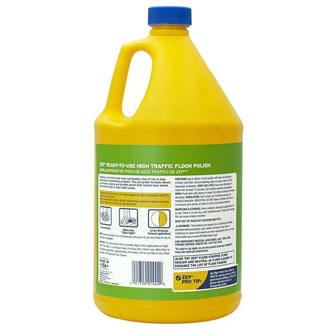 Pro Grade High Traffic Floor Polish Delivers A Tough As Nails Shine That Kicks Heel Marks Out Cold In a two gallon yellow bottle.