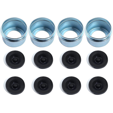 4 Pack 1.98 Inch Trailer Hub Caps with Eight Rubber Plugs and Four Spare Seals, bolted metal wheel bearing dust caps, zinc-plated