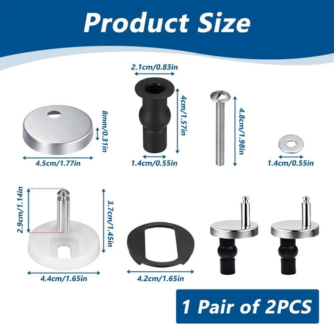 Two Pack Quick Release Toilet Seat Hinges For Blind Hole Fixes Built For Zero Sweat Setup And Slick Operation Made From Dang Tough Stainless Steel With Heavy Grip Rubber Bushings To Secure Your Bathroom Fixture Once And For All. Image showing product dimensions and components.