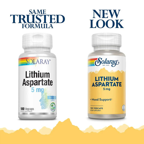 Lithium Aspartate Supplement 5 Mg for Men and Women, Daily Trace Mineral Support, Low Dose Lithium Capsules, 100 Veggie Capsules bottles