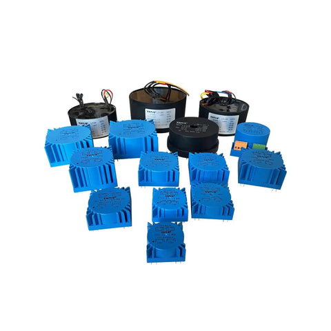Epoxy Encapsulated Vacuum Transformer For PCB Mounting With Safety Isolation, 5VA, 110-380V Primary And 6V 7.5V 9V 12V 15V 18V Or 24V Secondary Options, 230V 12V Compatible, blue and black units