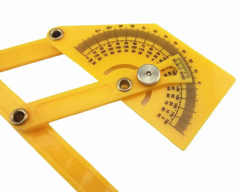 Top Shelf Dead On Accurate Plastic Protractor Angle Finder With Measuring Arm Ruler Tool Features 0 To 180 Degree Range, bold yellow design.