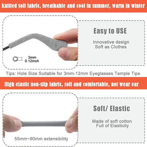 Soft Knitting Cotton Glasses Ear Cushions For Ultra Comfy Wear With Anti Slip Elastic Grips Eyewear Temples Retainer Sleeve And Tips Great For Glasses Sunglasses And Reading Eyewear with soft fabric and elastic grip.