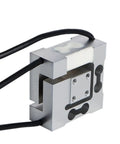 Close-up of a metallic six axis robot arm component with three six axis 3D multi dimensional weighing force sensor attached, wires visible.