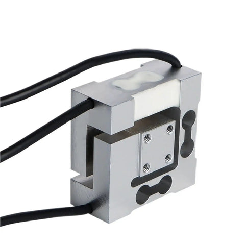 Close-up of a metallic six axis robot arm component with three six axis 3D multi dimensional weighing force sensor attached, wires visible.