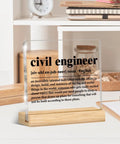Clear Acrylic Desk Plaque Sign For Civil Engineers Cool Office Decor Gift For Engineers Engineering Gifts For Civil Engineer Definition Plaque 4x4 Inch Sign With Wood Stand Desk Decor displayed on wooden stand on desk.