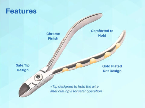 Go-To Orthodontic Wire Cutter For Braces With Tungsten Carbide Inserts showing chrome finish and gold plated dot design.