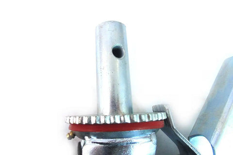 Close-up of a locking brake mechanism for Real Deal Heavy Duty Scaffold Casters Set Of Four 8x2 Black Rubber Mold On Steel Wheels.