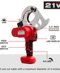 Kickass 21V Cordless Electric Cable Cutter Features Slick Ratcheting Drive For Heavy Duty Battery Power And Smooth Fast Cuts Through Thick Wiring On Job Sites, showing key features and cutting capacity.