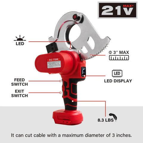 Kickass 21V Cordless Electric Cable Cutter Features Slick Ratcheting Drive For Heavy Duty Battery Power And Smooth Fast Cuts Through Thick Wiring On Job Sites, showing key features and cutting capacity.