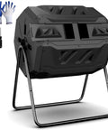 43 Gallon Dual Chamber Compost Tumbler with 360 Degree Rotating Bin, black, includes gloves and screwdriver, front view.