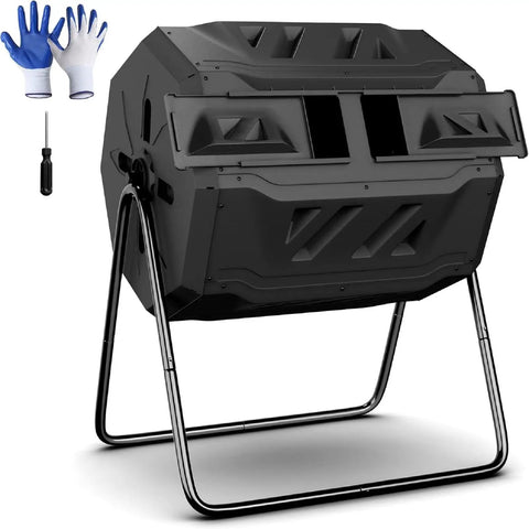 43 Gallon Dual Chamber Compost Tumbler with 360 Degree Rotating Bin, black, includes gloves and screwdriver, front view.