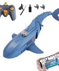 RC Shark Boat With HD Camera Real Time FPV Video App Control set with controller, accessories, and phone app display.