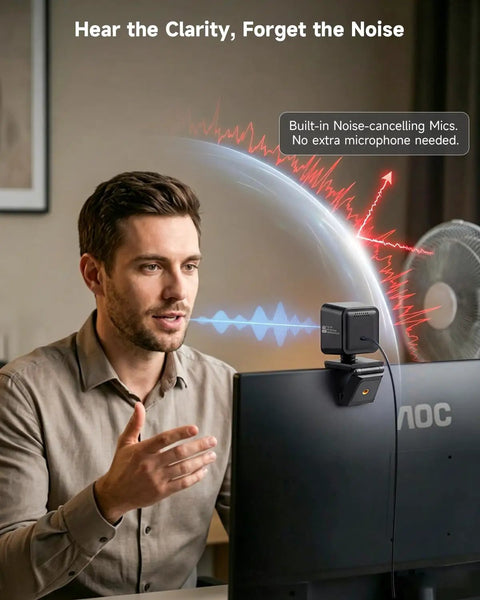 Crisp 4K Webcam Featuring Sony IMX363 Sensor And Breezy 60 FPS Streaming For PC Gaming And Home Office Use With Quick Phase Detection Auto Focus To Keep Your Video Clean During Livestreams Or Remote Calls Without Pixelation Draining Your Vibe in use during video calls with built-in noise-cancelling mics.