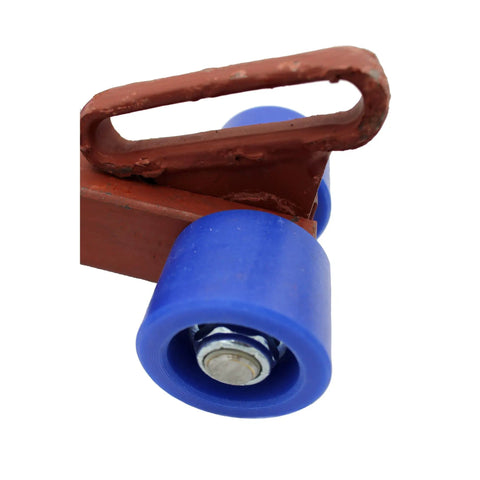 4 Wheel Conveyor Roller Shaft Steel Dogbone 1-1/2 Inch For X458 Chain Auto Car Wash Belt System showing blue UHMW roller and red frame.