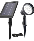 Solar Outdoor Spotlights Waterproof LED Flood Light With Separate Solar Panel, showing light and panel with stakes
