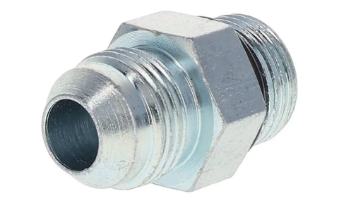 Heavy Duty One Half Inch JIC Male To Three Quarter Inch ORB Hydraulic Fitting With One And One Sixteenth Inch Twelve Thread O Ring Boss End Forged Carbon Steel Zinc Trivalent Coating Model 6400 08 12, angled view
