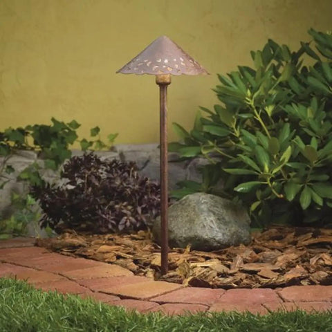 Cast Aluminum Path Light With Hammered Roof In Textured Tannery Bronze, 12V Landscape Fixture For Wet Outdoor Locations in garden
