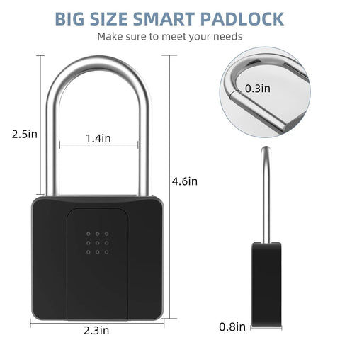 Fingerprint Padlock With Bluetooth Lock App, Quick Finger Unlock, Long Shackle Smart Padlock For Outdoor Use, dimensions shown