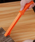4 Piece Orange Safety Push Block Set Heavy Duty Woodworking Stick in use, guiding a board on a workbench.